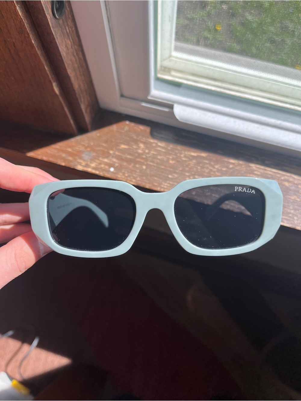 Prada Pale Blue womens Rectangular Sunglasses with Black Lenses